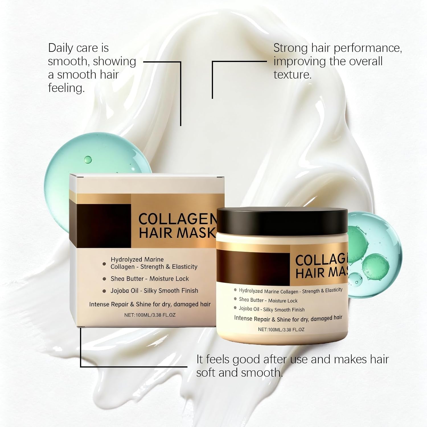 Keratin Hair Mask, Deep Conditioning Hydrating Mask with Collagen, for Dry Damaged Hair, Long-Lasting Moisturizing, for All Hair Types, 3.38Oz