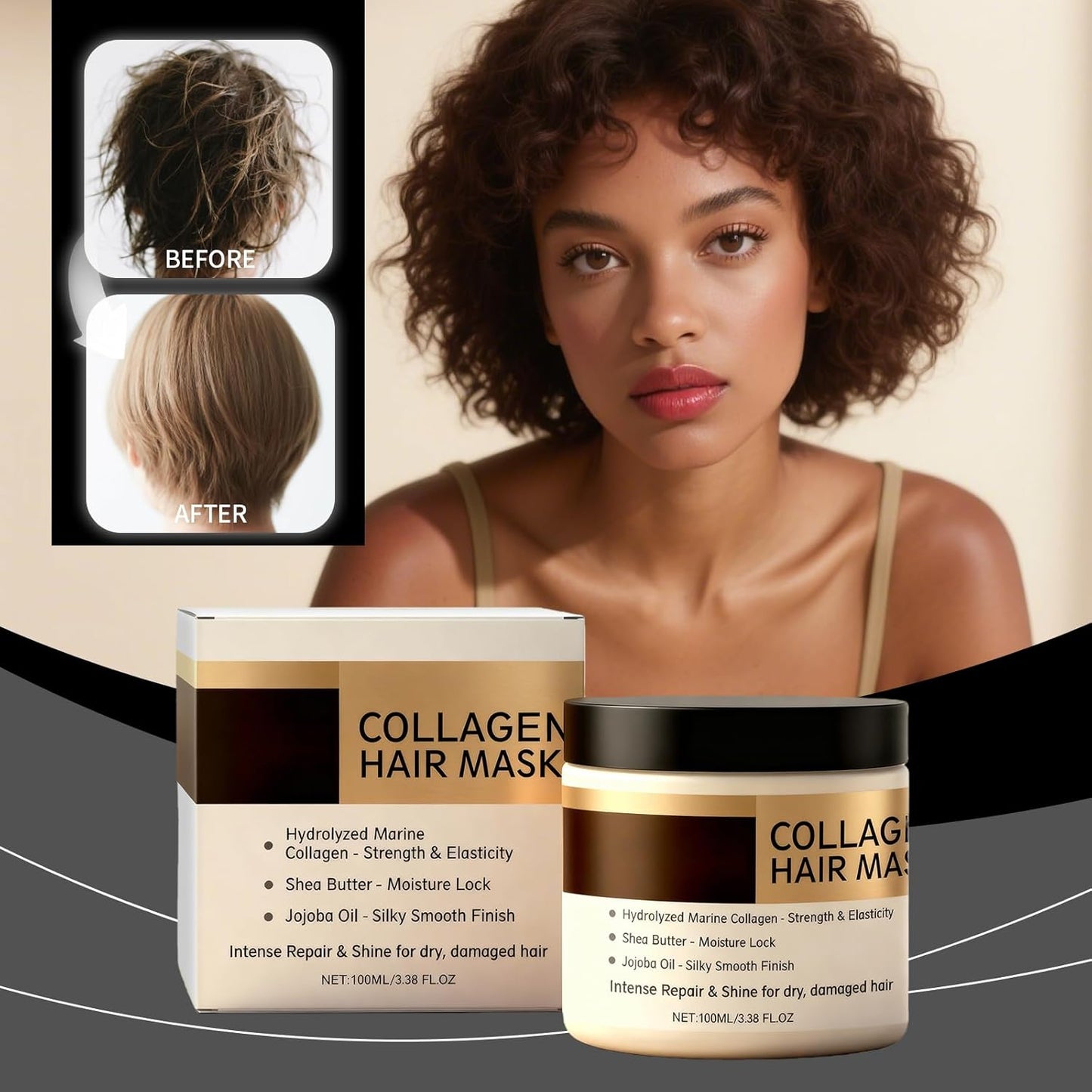 Keratin Hair Mask, Deep Conditioning Hydrating Mask with Collagen, for Dry Damaged Hair, Long-Lasting Moisturizing, for All Hair Types, 3.38Oz
